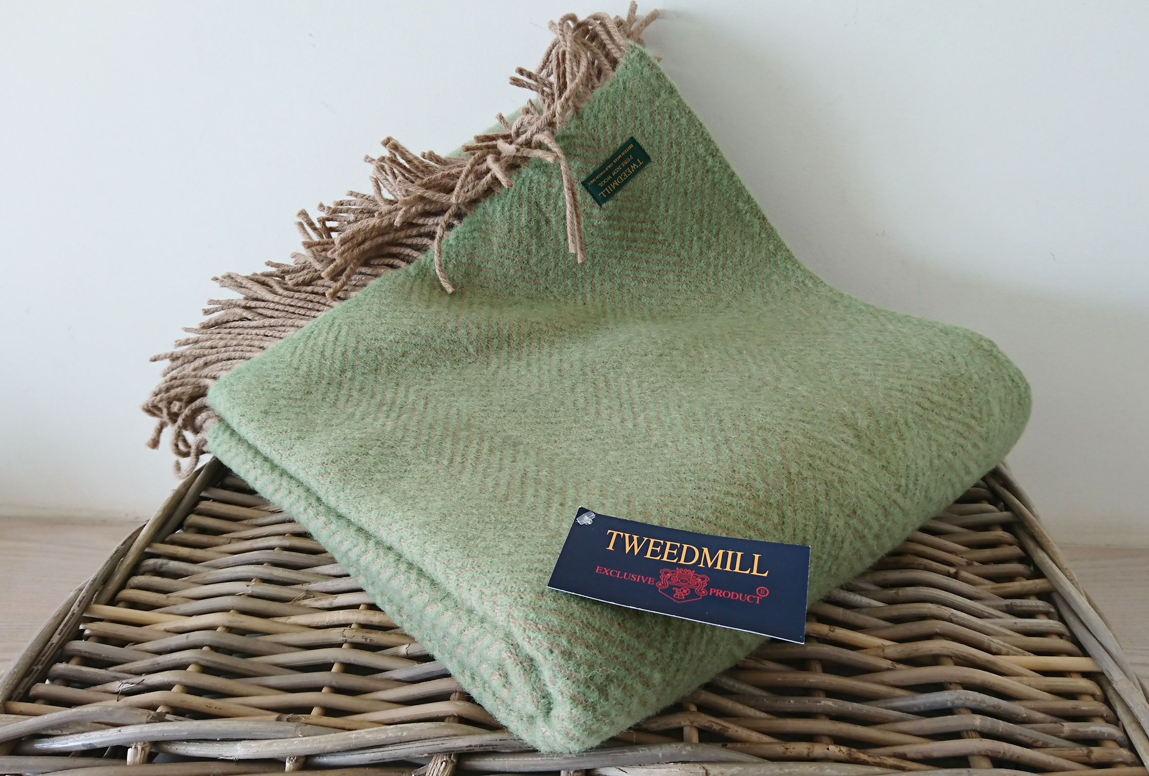 Herringbone Throw 100% Pure New Wool - Green & Fawn Bed Sofa Blanket